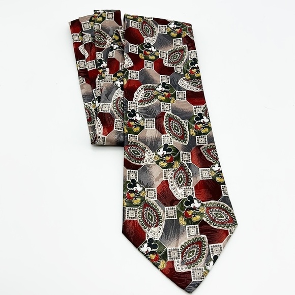 Vintage Mickey Unlimited Disney Mickey Mouse Necktie Paisley‎ Cartoon Red Gray - Picture 1 of 4
